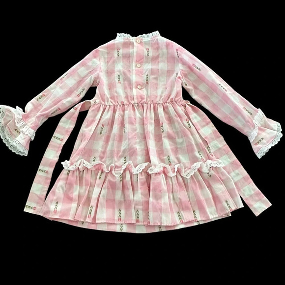 Vintage Sears Girls size 6X Perma Prest Pink Gingham Ruffle Party Dress Floral - Picture 2 of 11